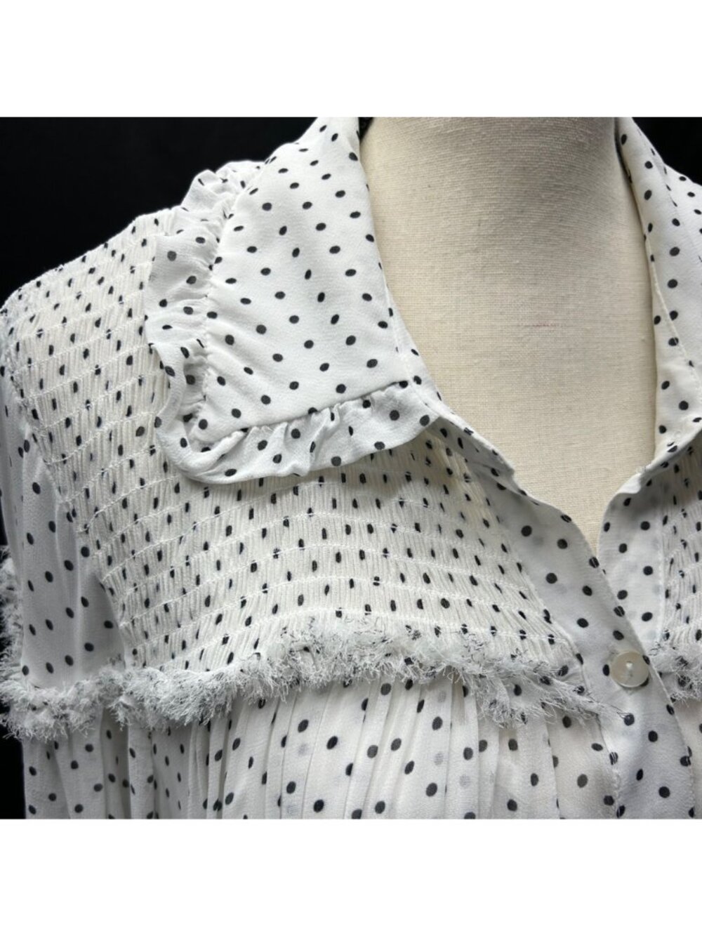 ANTHROPOLOGIE Long Sleeve Smocked Tiered Maxi Dress L White/Black Polka Dot - Picture 11 of 16